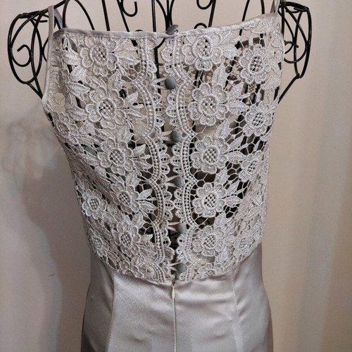 Formal long evening dress silver lace and satin small like new