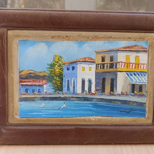 Handmade painting on canvas in leather tabletop frame, used