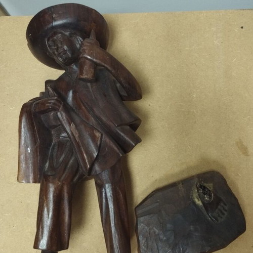 Handmade wooden Mexican folk art statues, pair of 2, damaged