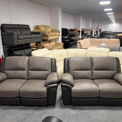 Two-tone gray leather Pluto sofas new with manual reclining mechanism set of two