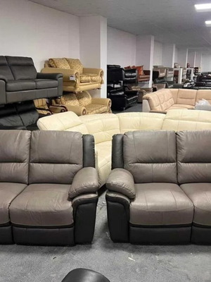 Two-tone gray leather Pluto sofas new with manual reclining mechanism set of two