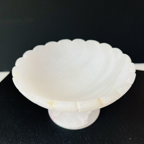 Vintage Italian Pedestal Bowl made of Genuine Pink Alabaster, hand-carved, used