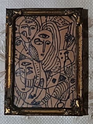 Small painting used in old metal tabletop frame with glass
