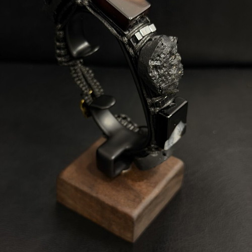 Men's Black Leather Bracelet with Meteorite and Natural Black Agate, New