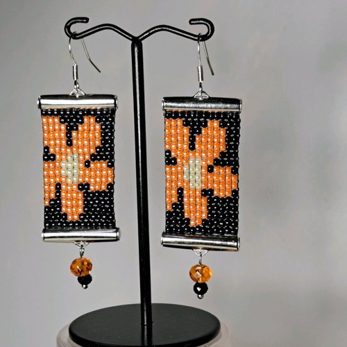 Handmade earrings new with daisies, knitted, black and orange