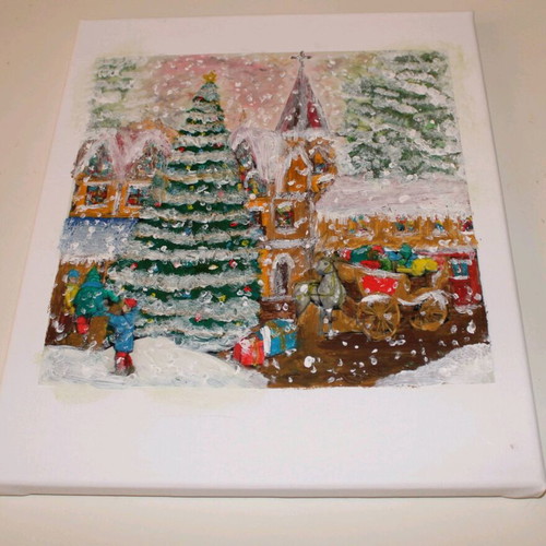 Snowy Village oil painting on canvas like new (25x31)