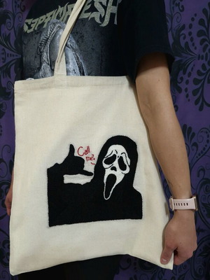 Tote bag Scream βαμβακερή καινούργια, μπεζ και μαύρο