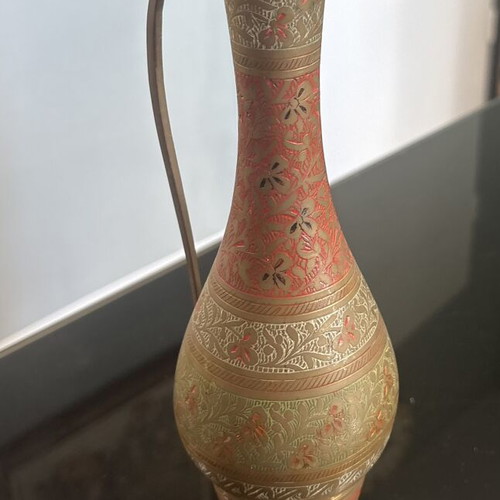 Vintage Hand Engraved Brass Vase with Colored Enamel from India like new