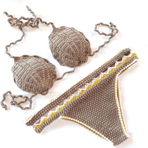 Handmade knitted swimsuit new, brown with yellow and white details, small