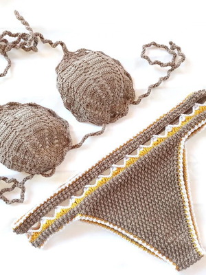 Handmade knitted swimsuit new, brown with yellow and white details, small