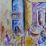Restaurant Watercolor and Pastel Drawing New