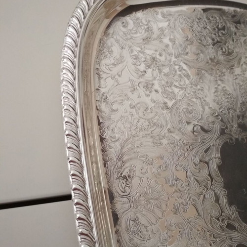 Serving tray used, stainless steel vintage with embossed design 39x28.5 cm