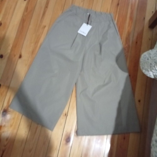Wide Leg Beige Pants One Size, Gabardine Fabric, Ankle Length with Pockets
