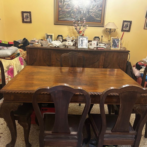 Walnut dining set with 6 chairs and buffet, vintage