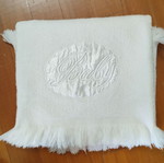 Baby white blanket used with satin decorative applique and fringes