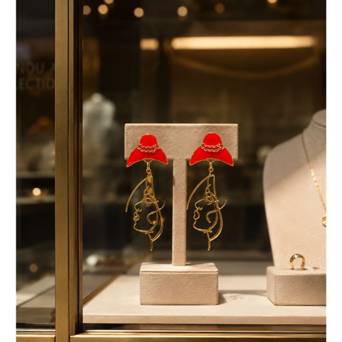 Handmade long dangle earrings with red polymer clay hat and steel