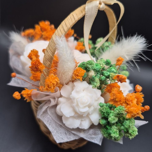 Wax bouquet in basket with 5 flowers new