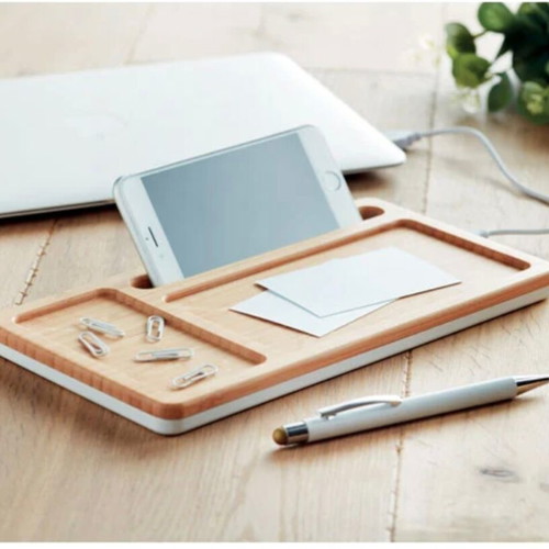 Bamboo desk organizer with 15W wireless charger and gift