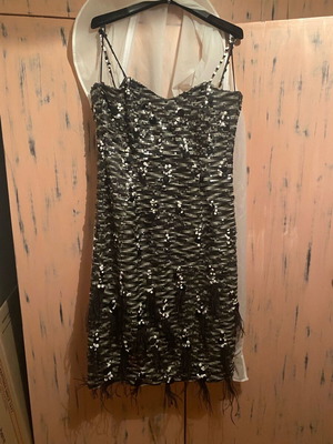 Collectible dress new, black and gray with beads and feathers