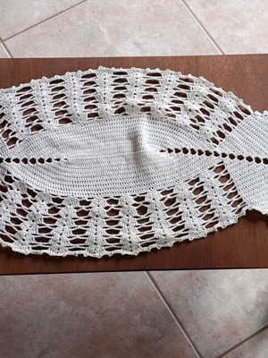 Handmade crochet white cotton table runner used, fish shape, vintage lace