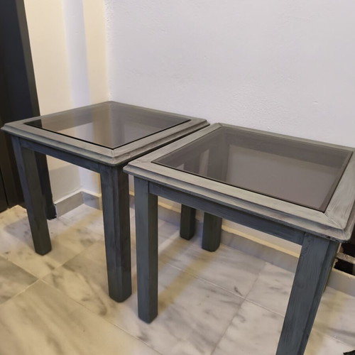 Coffee tables used, oak wood with smoked glass, vintage chalk paint