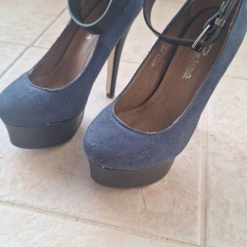 Heels with ankle strap used, dark blue with black heel and platform