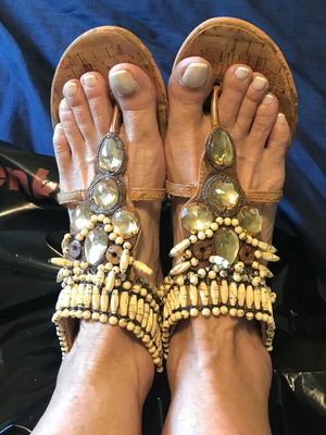 Boho sandals used, size 39, cork heel 6 cm, beige and gold