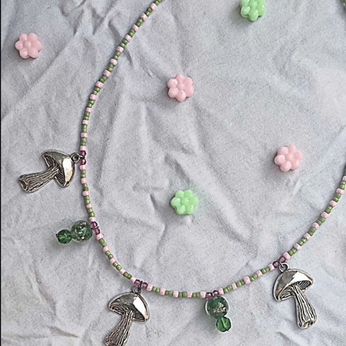 Mushroom Magic Handmade Necklace Pink and Green