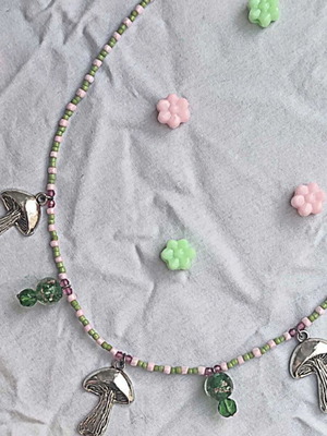 Mushroom Magic Handmade Necklace Pink and Green
