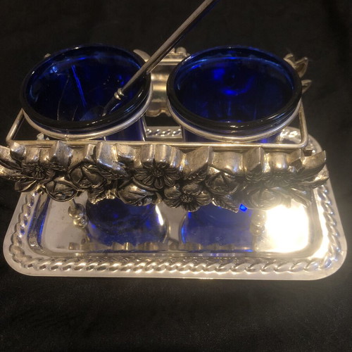 Vintage Art Nouveau salt and pepper set with cobalt blue glass, like new
