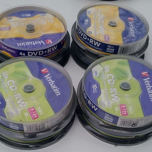 Verbatim CD-RW and DVD-RW boxes new, 8 packs of 10 discs plus Sony CD-R 47 pcs