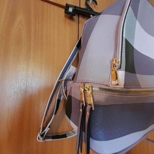 Women's backpack bag new, gray and purple faux leather