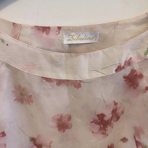 Blouse XL like new, white with pink flowers, silk-like fabric