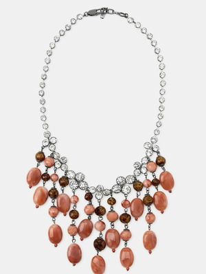 Waterfall style necklace with applique jewelry and colored stones