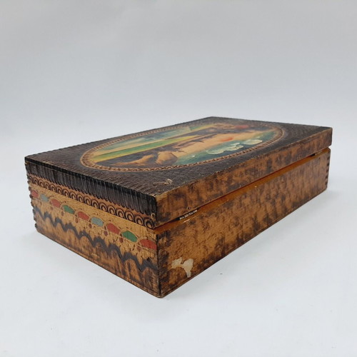 Vintage pyrography wooden box with landscape painting, 1960s