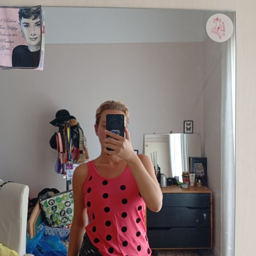 Pink top with black polka dots, size M