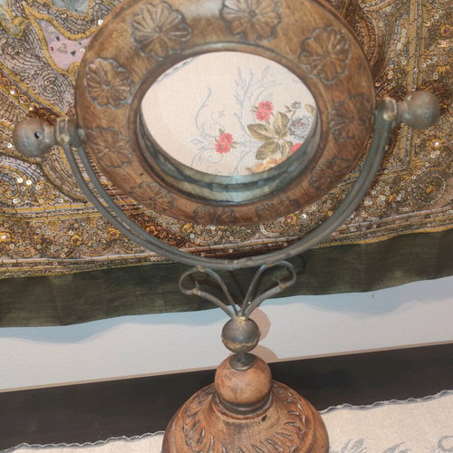 Wooden carved rotating tabletop mirror used vintage