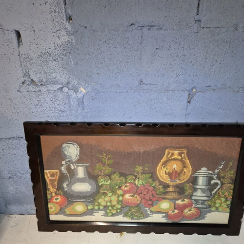 Textile embroidery artwork in frame like new with wooden mount