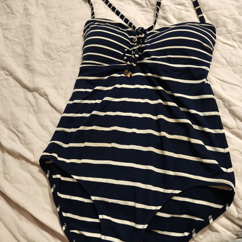 Women's swimsuit navy blue with white stripes, size M