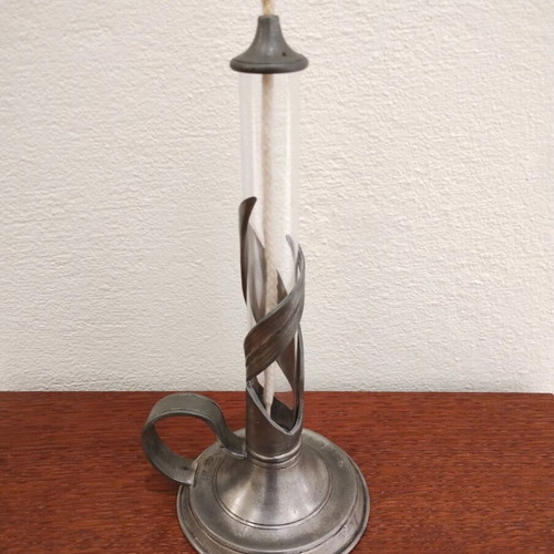 Candlestick with wick new, pewter and glass decorative