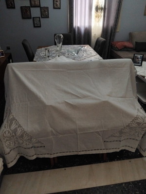 Linen curtain with azur machine lace, like new