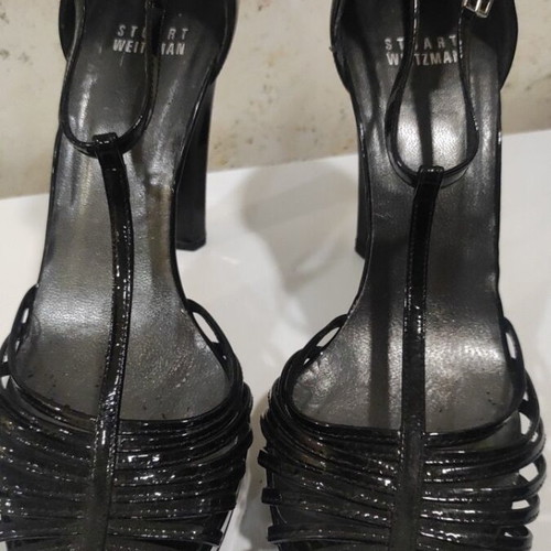 Stuart Weitzman black patent leather high heel sandals