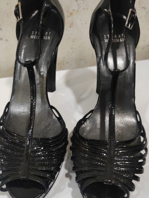 Stuart Weitzman black patent leather high heel sandals