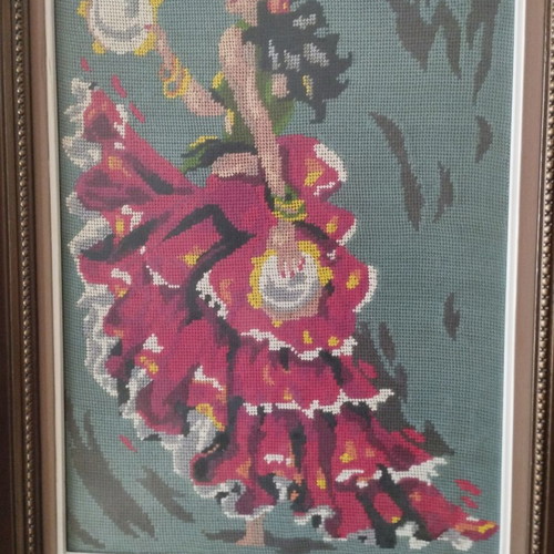 Vintage Handmade Embroidery "Spanish" – Canvas with Wooden Frame