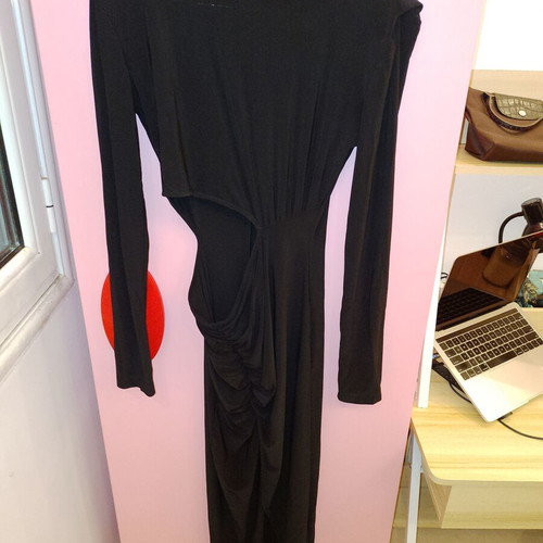 Long black dress new with ruching and side slit, gift pouch included
