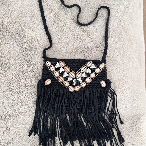 Boho Handmade Crochet Crossbody Bag with Shells and Fringe Black