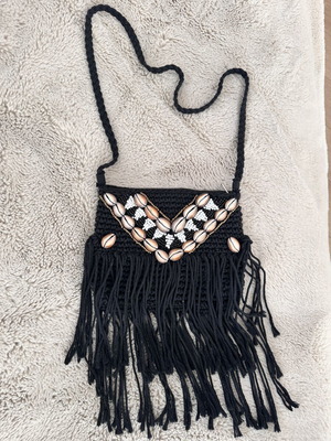 Boho Handmade Crochet Crossbody Bag with Shells and Fringe Black