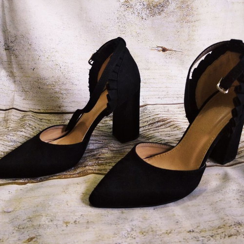Γόβες Sweet Shoes σουέντ με τετράγωνο τακούνι και δέσιμο στον αστράγαλο, μαύρο, σαν καινούργιο