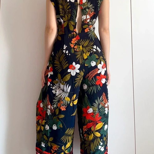 Zara colorful summer jumpsuit with tropical floral pattern, used, size S