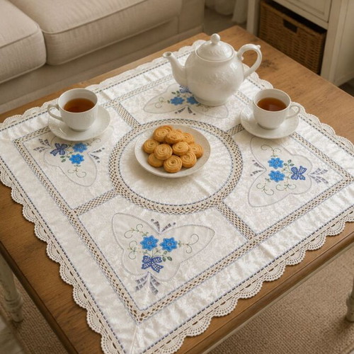 Vintage embroidered tablecloth 80x80 cm satin texture with lace and blue flowers